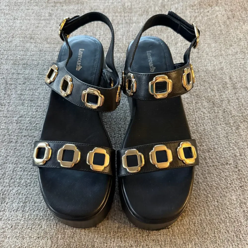 Larroude Milan Black Leather Grommet Flatform Sandals Size 9